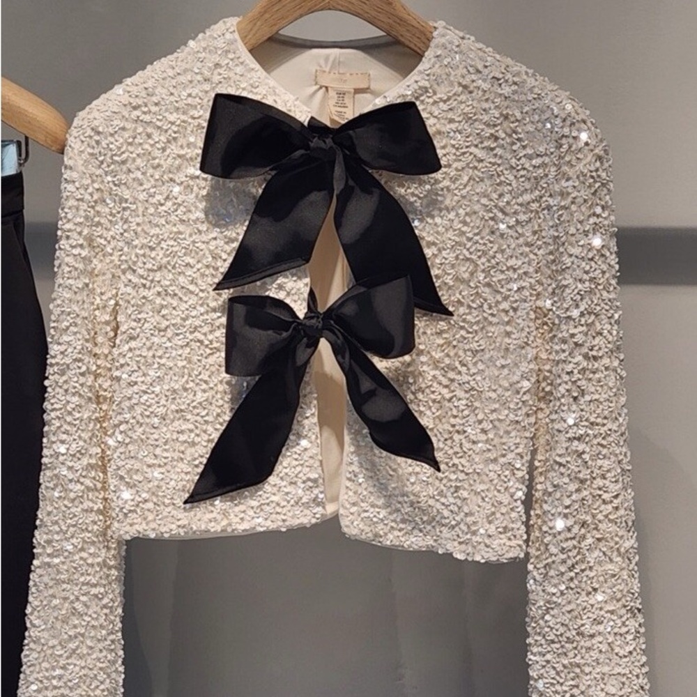 H&M Ivory Sequin Cropped Jacket with Black Bow Ties - Picture 7 of 10